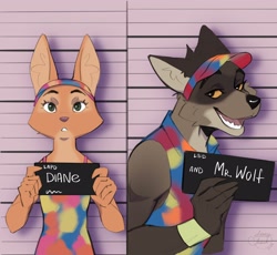 Size: 2048x1884 | Tagged: safe, artist:lazychaek, diane foxington (the bad guys), mr. wolf (the bad guys), canine, fox, mammal, wolf, anthro, barbie, dreamworks animation, mattel, the bad guys, bandanna, barbie (movie), barbie mugshot meme, clothes, duo, female, looking at you, male, muscles, muscular male, open mouth, open smile, smiling, smiling at you, vixen