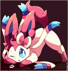 Size: 1100x1152 | Tagged: safe, artist:purpleninfy, oc, oc only, oc:jonke, eeveelution, fictional species, mammal, sylveon, feral, cc by-nc-nd, creative commons, nintendo, pokémon, 2018, 2d, blue eyes, digital art, ears, eyelashes, face down ass up, fluff, fur, jack-o' crouch pose, long ears, male, one eye closed, ribbons (body part), signature, simple background, solo, solo male, tail, tail fluff, white body, white fur
