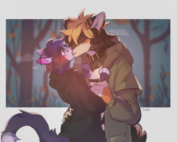 Size: 1280x1024 | Tagged: safe, artist:hyilpi, oc, oc only, mammal, anthro, 2022, anthro/anthro, bandaid, bandaid on nose, blushing, clothes, commission, cute, duo, ear fluff, eyes closed, fluff, hoodie, kissing, topwear, ych result