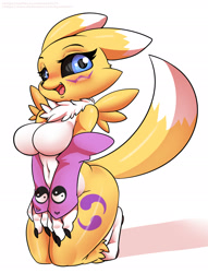Size: 1556x2041 | Tagged: safe, artist:kyodashiro, fictional species, renamon, anthro, digitigrade anthro, digimon, 2019, bedroom eyes, belly button, black nose, black sclera, blushing, breasts, clothes, colored sclera, digital art, ears, evening gloves, eyelashes, featureless breasts, female, fluff, fur, gloves, hair, kneeling, long gloves, looking at you, neck fluff, open mouth, pose, simple background, solo, solo female, tail, thighs, tongue, wide hips