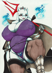 Size: 1398x1975 | Tagged: suggestive, artist:longinius, toriel (undertale), bovid, goat, mammal, anthro, undertale, armor, breasts, cameltoe, cape, cleavage, clothes, crown, dominant, dominant female, female, fire, garter belt, headwear, huge breasts, jewelry, lace, legwear, leotard, looking down, mature, mature female, nipple outline, open mouth, regalia, salivating, simple background, slightly chubby, solo, solo female, stockings, thick thighs, thigh highs, thighs, trident, weapon