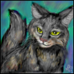 Size: 306x306 | Tagged: safe, artist:nepryne, cat, feline, mammal, feral, lifelike feral, 2005, abstract background, cheek fluff, chest fluff, female, fluff, fur, non-sapient, pet, real, realistic, solo, solo female, tail, tail fluff, whiskers, yellow eyes