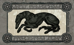 Size: 1280x789 | Tagged: safe, artist:canisalbus, oc, oc:mordred, feral, lifelike feral, 2020, black body, classy, dark, decoration, elegant, greyhound, looking at you, lying down, mysterious, non-sapient, realistic, sad, sighthound, solo, traditional art