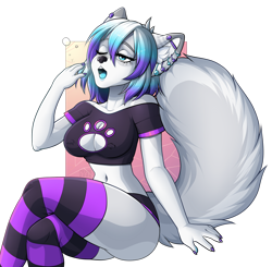Size: 1638x1605 | Tagged: suggestive, artist:puivei, oc, oc only, canine, dog, husky, mammal, anthro, 2023, belly button, black nose, bottomwear, breasts, cleavage, clothes, colored tongue, commission, crop top, cropped shirt, cyan eyes, cyan hair, cyan tongue, digital art, ear piercing, ears, eyelashes, female, fur, gray body, gray fur, hair, industrial piercing, legwear, looking at you, midriff, nipple outline, one eye closed, open mouth, piercing, pose, purple hair, shorts, sitting, solo, solo female, stockings, striped clothes, striped legwear, tail, tank top, thighs, tongue, topwear, wide hips, ych result
