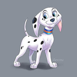 Size: 894x894 | Tagged: safe, artist:zacepka, dolly (101 dalmatians), canine, dalmatian, dog, mammal, feral, 101 dalmatian street, 101 dalmatians, disney, 2023, 2d, blue eyes, collar, female, front view, fur, gray background, looking at you, simple background, smiling, smiling at you, solo, solo female, spots, spotted fur, standing, three-quarter view