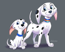 Size: 1000x800 | Tagged: safe, artist:zacepka, cadpig (101 dalmatians), dolly (101 dalmatians), canine, dalmatian, dog, mammal, feral, 101 dalmatian street, 101 dalmatians, disney, 2023, 2d, blue eyes, collar, duo, duo female, female, females only, front view, fur, gray background, looking at you, puppy, signature, simple background, sitting, smiling, smiling at you, spots, spotted fur, standing, three-quarter view, young