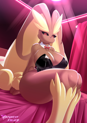 Size: 1614x2283 | Tagged: safe, artist:byghosteduard, fictional species, lopunny, mammal, anthro, nintendo, pokémon, 2023, arm fluff, bedroom eyes, belly button, big breasts, black sclera, breasts, clothes, colored sclera, detailed background, digital art, ear fluff, ears, eyebrows, eyelashes, female, fluff, fur, leg fluff, leotard, pink nose, pose, sitting on bed, solo, solo female, tail, thighs, wide hips