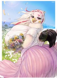 Size: 1000x1376 | Tagged: safe, artist:sylviajo, bird, chicken, galliform, anthro, beak, bottomwear, bouquet, breasts, butt, clothes, ear piercing, earring, feathers, female, flower, fluff, hair accessory, huge breasts, huge butt, lidded eyes, meadow, neck fluff, open beak, open mouth, outdoors, petals, piercing, plant, see-through, shirt, skirt, slightly chubby, solo, solo female, tail, tail feathers, topwear, wind, windswept hair
