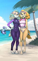 Size: 1600x2560 | Tagged: safe, artist:diacordst, skye (paw patrol), canine, cockapoo, dog, mammal, anthro, digitigrade anthro, nickelodeon, paw patrol, 2023, beach, belly button, bikini, bikini bottom, black nose, breasts, clothes, coral (paw patrol), crop top, detailed background, digital art, duo, duo female, ears, eyelashes, female, females only, fur, hair, hand on hip, looking at you, midriff, ocean, older, open mouth, palm tree, plant, pose, shirt, submarine, suit, swimsuit, tail, thighs, tongue, topwear, tree, water, wide hips