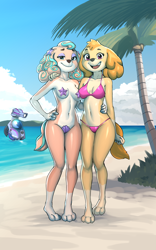 Size: 1600x2560 | Tagged: suggestive, alternate version, artist:diacordst, skye (paw patrol), canine, cockapoo, dog, mammal, anthro, digitigrade anthro, nickelodeon, paw patrol, 2023, beach, belly button, bikini, black nose, breasts, clothes, coral (paw patrol), detailed background, digital art, duo, duo female, ears, eyelashes, female, females only, fur, hair, hand on hip, looking at you, maebari, nude beach, ocean, older, open mouth, palm tree, pasties, plant, pose, submarine, swimsuit, tail, thighs, tongue, tree, water, wide hips