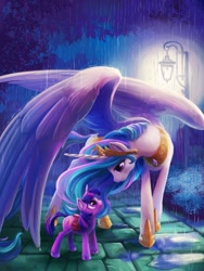 Size: 1200x1600 | Tagged: safe, artist:tsaoshin, artist:viwrastupr, collaboration, princess celestia (mlp), twilight sparkle (mlp), alicorn, equine, fictional species, mammal, pony, unicorn, feral, friendship is magic, hasbro, my little pony, 2014, covering, crown, cute, duo, duo female, ear fluff, eye contact, female, females only, filly, fluff, foal, headwear, hoof shoes, hooves, jewelry, lantern, large wings, looking at each other, mare, outdoors, peytral, plant, rain, regalia, smiling, spread wings, tree, unshorn fetlocks, wing umbrella, wings, young