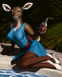 Size: 3200x4000 | Tagged: safe, artist:akkusky, oc, cervid, deer, mammal, anthro, coca-cola, 2022, amber eyes, bottle, bottomwear, brown body, brown fur, clothes, cola, container, cream body, cream fur, digital art, dress, drinking straw, ear piercing, ears, female, fur, high heels, legwear, looking at you, outdoors, piercing, pinup, shoes, short tail, solo, solo female, stockings, swimming pool, tail, water