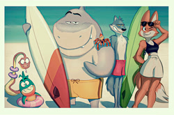 Size: 2573x1699 | Tagged: safe, artist:spongebandimark, diane foxington (the bad guys), mr. piranha (the bad guys), mr. shark (the bad guys), mr. snake (the bad guys), mr. wolf (the bad guys), ms. tarantula (the bad guys), arthropod, canine, fish, fox, mammal, piranha, reptile, shark, snake, spider, tarantula, wolf, anthro, taur, dreamworks animation, the bad guys, beach, bedroom eyes, big breasts, black topwear, bottomwear, breasts, clothes, cute, cute little fangs, drider, fangs, female, glasses, glasses on head, group, grumpy, inner tube, looking at you, male, ocean, one eye closed, sand, shorts, smiling, smiling at you, sunglasses, sunglasses on head, surfboard, swimsuit, teeth, thick thighs, thighs, vixen, water, wide hips, winking