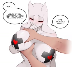 Size: 1773x1652 | Tagged: suggestive, artist:luxurias, toriel (undertale), bovid, goat, mammal, anthro, undertale, blushing, breast grab, breasts, dialogue, disembodied hand, eyes closed, female, grope, mature, mature female, nipple tape, nudity, offscreen character, simple background, speech bubble, talking