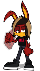 Size: 1080x1920 | Tagged: safe, artist:toyminator900, lagomorph, mammal, rabbit, anthro, all time low, jack barakat, sega, sonic the hedgehog (series), clothes, fur, jeans, lidded eyes, looking at you, male, pants, red body, red fur, red tail, shirt, shoes, short tail, simple background, solo, solo male, sonicified, t-shirt, tail, topwear, transparent background