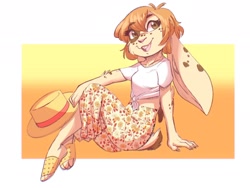 Size: 2048x1536 | Tagged: safe, artist:jamilsart, lagomorph, mammal, rabbit, anthro, buckteeth, clothes, feet, female, hat, headwear, looking at you, open mouth, open smile, sandals, shoes, sitting, smiling, smiling at you, solo, solo female, straw hat, teeth, toes