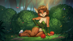 Size: 1400x787 | Tagged: safe, artist:hacatiko, elora (spyro), faun, fictional species, mammal, anthro, unguligrade anthro, spyro the dragon (series), 2023, apple, black nose, bottomwear, breasts, clothes, detailed background, digital art, dress, ears, eyelashes, female, food, front view, fruit, fur, gemstone, hair, hooves, looking at you, pose, solo, solo female, tail, thighs, wide hips