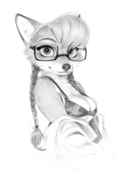 Size: 848x1199 | Tagged: safe, artist:waynlag, oc, oc:patty (fox-popvli), canine, fox, mammal, anthro, big breasts, blouse, bra, breasts, clothes, female, glasses, hair, looking at you, pigtails, smiling, smiling at you, solo, solo female, underwear, vixen