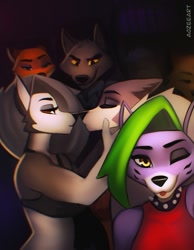 Size: 1230x1588 | Tagged: safe, artist:aozee, diane foxington (the bad guys), juno (beastars), loona (vivzmind), mr. wolf (the bad guys), nick wilde (zootopia), roxanne wolf (fnaf), canine, fictional species, fox, hellhound, mammal, wolf, anthro, beastars, disney, dreamworks animation, five nights at freddy's, five nights at freddy's: security breach, hazbin hotel, helluva boss, the bad guys, zootopia, 2023, bedroom eyes, black nose, breasts, colored sclera, crossover, crossover shipping, digital art, ears, eyelashes, female, female/female, fur, green hair, hair, interspecies, junoona (beastars/vivzmind), lesbian in front of boys, male, party, pose, red sclera, selfie, shipping, tail, thighs, vixen, wide hips