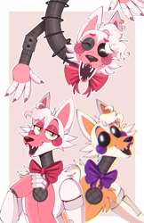 Size: 1177x1811 | Tagged: safe, artist:serendpippertyy, funtime foxy (fnaf), lolbit (fnaf), mangle (fnaf), animatronic, canine, fictional species, fox, mammal, robot, five nights at freddy's, bigender, black sclera, border, bow, bow tie, clothes, colored sclera, ear piercing, earring, female, fur, glowing, glowing eyes, group, looking at you, male, piercing, simple background, smiling, trio, white body, white fur
