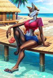 Size: 1240x1820 | Tagged: safe, artist:flessia, oc, oc only, canine, mammal, wolf, anthro, digitigrade anthro, 2023, beach, belly button, black nose, bottomwear, breasts, clothes, commission, crop top, detailed background, digital art, ears, eyelashes, female, fur, hair, midriff, pose, scar, shirt, shorts, solo, solo female, tail, thighs, topwear, wide hips, ych result
