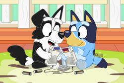 Size: 900x600 | Tagged: safe, artist:dm29, bluey heeler (bluey), mackenzie (bluey), australian cattle dog, border collie, canine, collie, dog, mammal, semi-anthro, bluey (series), game boy, nintendo, 2023, black nose, detailed background, digital art, duo, duo male and female, ears, female, male, open mouth, sitting, tail, thighs, tongue