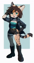 Size: 1105x2039 | Tagged: safe, artist:m_seawave, cat, feline, mammal, anthro, blep, bottomwear, clothes, female, jacket, shorts, solo, solo female, tail, tongue, tongue out, topwear