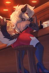 Size: 1374x2048 | Tagged: safe, artist:eyeswings, loona (vivzmind), canine, fictional species, hellhound, mammal, anthro, digitigrade anthro, hazbin hotel, helluva boss, 2022, alcohol, backless, bar, bar stool, bare shoulders, bottomwear, breasts, butt, choker, clothes, dress, drink, ear fluff, female, fluff, gloves, gray hair, hair, high heels, indoors, legwear, long gloves, long hair, looking at you, looking back, looking back at you, martini, shoes, sitting, smiling, solo, solo female, spiked choker, stockings, tail, tail fluff, thick thighs, thighs