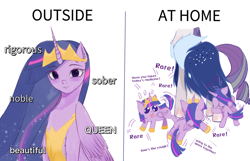 Size: 2580x1658 | Tagged: safe, artist:ecor土土, rarity (mlp), twilight sparkle (mlp), alicorn, equine, fictional species, mammal, pony, unicorn, feral, friendship is magic, hasbro, my little pony, spoiler, spoiler:the last problem (mlp:fim), 2023, chest fluff, clothes, crown, duality, duo, duo female, ear fluff, eye through hair, eyebrow through hair, eyebrows, female, female/female, females only, fluff, folded wings, frowning, hair, headwear, high res, horn, jewelry, looking at you, mare, older, open mouth, open smile, peytral, princess twilight 2.0, rarilight (mlp), regalia, shipping, simple background, smiling, tail, tiny, tiny ponies, white background, wings