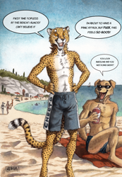 Size: 898x1300 | Tagged: safe, artist:0laffson, canine, cheetah, dog, feline, mammal, anthro, digitigrade anthro, 2023, beach, bottomwear, brown body, brown fur, clothes, dialogue, ears, ftm transgender, fur, glasses, male, ocean, open mouth, outdoors, partial nudity, sand, scenery, shorts, signature, sitting, speech bubble, spots, spotted fur, standing, sunglasses, sweat, sweatdrop, swim trunks, swimsuit, tail, talking, tan body, tan fur, text, tongue, topless, traditional art, transgender, water, white body, white fur