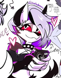 Size: 690x886 | Tagged: safe, artist:ihatedamonv, loona (vivzmind), canine, fictional species, hellhound, mammal, anthro, hazbin hotel, helluva boss, cell phone, clothes, collar, crop top, female, phone, solo, solo female, spiked collar, tail, topwear