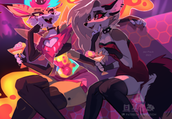 Size: 1000x692 | Tagged: safe, artist:skeleion, loona (vivzmind), queen bee-lzebub (vivzmind), arthropod, bee, canine, demon, fennec fox, fictional species, fox, hellhound, hybrid, insect, mammal, anthro, hazbin hotel, helluva boss, 2023, alcohol, blushing, bottomwear, breasts, choker, cleavage, clothes, colored sclera, crossed legs, deadly sin, detailed background, dress, drink, duo, duo female, ear piercing, female, females only, legwear, martini, midriff, multiple arms, multiple limbs, open mouth, piercing, red sclera, short shorts, shorts, sin of gluttony, sitting, spiked choker, talking, thigh highs, vixen