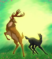 Size: 1120x1280 | Tagged: safe, artist:sargesgrl12, bambi (bambi), canon x oc, oc, cervid, deer, mammal, white-tailed deer, feral, bambi (film), disney, 2d, antlers, blue eyes, brown body, brown fur, buck, doe, duo, duo male and female, female, frolicking, fur, green eyes, looking at each other, male, male/female, shipping, short tail, signature, tail, ungulate
