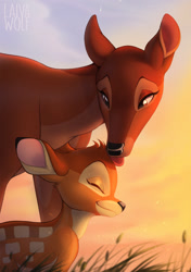 Size: 902x1280 | Tagged: safe, artist:laivawolf, bambi (bambi), bambi's mother (bambi), cervid, deer, mammal, feral, bambi (film), disney, 2022, 2d, brown eyes, cute, doe, duo, duo male and female, eyes closed, fawn, female, licking, male, mother, mother and child, mother and son, smiling, son, tongue, tongue out, ungulate, young