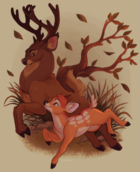 Size: 1483x1817 | Tagged: safe, artist:moth sprout, bambi (bambi), the great prince of the forest (bambi), cervid, deer, mammal, feral, bambi (film), disney, 2d, branches, brown body, brown eyes, brown fur, buck, duo, duo male, father, fawn, forest, fur, leaf, looking at each other, male, males only, smiling, son, young