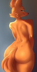 Size: 1021x2000 | Tagged: suggestive, artist:ayuyabo, diane foxington (the bad guys), canine, fox, mammal, anthro, dreamworks animation, the bad guys, bedroom eyes, butt, female, looking at you, looking back, looking back at you, nudity, rear view, smiling, smiling at you, solo, solo female