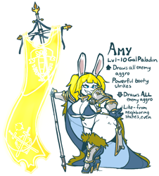 Size: 708x783 | Tagged: safe, artist:jinti, oc, oc:amy summers, lagomorph, mammal, rabbit, anthro, 2017, armor, banner, blonde hair, blue eyes, boots, breasts, buckteeth, cape, character sheet, clothes, female, hair, high heels, huge breasts, panties, pigtails, shoes, sidebutt, solo, solo female, spanking, teeth, thick thighs, thighs, underwear