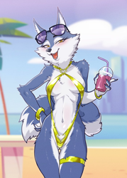 Size: 700x980 | Tagged: safe, artist:centinel303, porsha crystal (sing), canine, mammal, wolf, anthro, illumination entertainment, sing (film), 2023, absolute cleavage, amber eyes, beach, bedroom eyes, belly button, big breasts, bikini, blue body, blue fur, bracelet, breasts, cleavage, clothes, digital art, drink, drinking straw, ears, female, fur, glasses, glasses on head, gold bikini, jewelry, looking at you, ocean, open mouth, open smile, outdoors, sling bikini, smiling, smiling at you, solo, solo female, sunglasses, sunglasses on head, swimsuit, tail, thick thighs, thighs, tongue, water, white body, white fur, wide hips, yellow bikini, yellow swimsuit