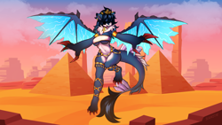 Size: 2560x1440 | Tagged: safe, artist:sugarstarru, oc, oc only, dragon, fictional species, anthro, digitigrade anthro, 2023, bedroom eyes, belly button, bikini, black hair, breasts, claws, clothes, commission, digital art, dragon wings, dragoness, ear piercing, ears, eyelashes, female, flying, hair, hair over one eye, looking at you, open mouth, outdoors, paws, piercing, pose, pyramid, scales, solo, solo female, spread wings, swimsuit, tail, tail tuft, thighs, tongue, tongue out, wide hips, wings