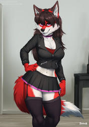 Size: 905x1280 | Tagged: safe, artist:foxovh, oc, oc only, canine, fox, mammal, anthro, 2023, bedroom eyes, belly button, black nose, bottomwear, breasts, brown hair, choker, clothes, commission, crop top, cropped jacket, detailed background, digital art, ears, eyelashes, female, fur, hair, indoors, jacket, legwear, looking at you, pink eyes, pose, red body, red fur, shirt, signature, skirt, solo, solo female, stockings, tail, thighs, topwear, vixen, white body, white fur, wide hips