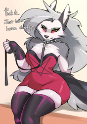 Size: 1611x2287 | Tagged: safe, artist:zinnick, loona (vivzmind), canine, fictional species, hellhound, mammal, anthro, hazbin hotel, helluva boss, 2023, bedroom eyes, black nose, bottomwear, breasts, clothes, collar, colored sclera, digital art, dress, ears, eyelashes, female, fur, hair, leash, legwear, looking at you, pose, red sclera, sitting, solo, solo female, stockings, tail, thighs, vulgar, wide hips