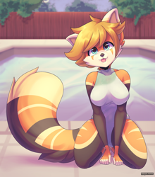Size: 1802x2044 | Tagged: safe, artist:freeze-pop88, oc, oc only, mammal, red panda, anthro, digitigrade anthro, 2023, bedroom eyes, black nose, blep, breasts, clothes, detailed background, digital art, ears, eyelashes, female, fur, hair, kneeling, looking at you, one-piece swimsuit, pose, solo, solo female, swimming pool, swimsuit, tail, thighs, tongue, tongue out, wide hips