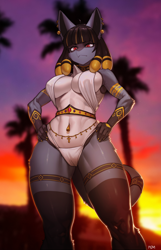 Size: 1542x2390 | Tagged: suggestive, artist:pgm300, oc, oc only, oc:nubia (vulfox), fictional species, lucario, mammal, anthro, nintendo, pokémon, 2022, 2023, accessories, bedroom eyes, belly button, big breasts, bikini, black hair, black nose, breasts, cameltoe, clothes, commission, detailed background, digital art, ears, egyptian, eyelashes, female, fur, hair, hand on hip, jewelry, looking at you, piercing, pose, solo, solo female, swimsuit, tail, thick thighs, thighs, wide hips