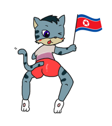 Size: 936x1052 | Tagged: suggestive, alternate version, anonymous artist, yaongi (clever raccoon dog), cat, feline, mammal, clever raccoon dog, butt, female, flag, lying down, simple background, solo, solo female, white background