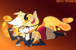 Size: 3500x2300 | Tagged: safe, artist:shido-tara, loona (vivzmind), queen bee-lzebub (vivzmind), arthropod, bee, canine, demon, fennec fox, fictional species, fox, hellhound, hybrid, insect, mammal, anthro, digitigrade anthro, hazbin hotel, helluva boss, 2023, angry, bottomwear, clothes, deadly sin, dress, duo, duo female, fanart, female, females only, four arms, larger female, scene interpretation, shirt, shorts, simple background, sin of gluttony, size difference, sketch, topwear, vixen