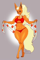 Size: 1323x2000 | Tagged: safe, artist:honeythief, eeveelution, fictional species, flareon, mammal, anthro, nintendo, pokémon, bikini, breasts, clothes, female, solo, solo female, swimsuit, tail, thick thighs, thighs, wide hips