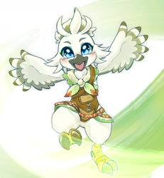 Size: 1447x1563 | Tagged: safe, artist:kurogewapony, bird, fictional species, rito, anthro, nintendo, the legend of zelda, beak, blushing, clothes, feathered wings, feathers, male, solo, solo male, turin (zelda), winged arms, wings