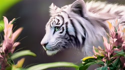 Size: 3840x2160 | Tagged: safe, artist:fluttiart, big cat, feline, mammal, tiger, feral, lifelike feral, detailed background, digital art, digital painting, female, flower, fur, non-sapient, plant, realistic, solo, solo female, striped fur, white tiger