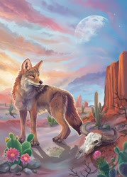Size: 714x1000 | Tagged: safe, artist:ashanti, canine, coyote, mammal, feral, lifelike feral, amber eyes, ambiguous gender, bone, brown body, brown fur, cactus, canyon, desert, ears, fur, moon, non-sapient, outdoors, paws, realistic, skull, solo, tail