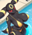 Size: 1846x1996 | Tagged: suggestive, artist:cooliehigh, eeveelution, fictional species, mammal, umbreon, anthro, nintendo, pokémon, 2023, anthrofied, bikini, black body, blushing, breasts, clothes, colored sclera, detailed background, female, gold bikini, high angle, huge breasts, legs in the water, looking at you, outdoors, partially submerged, pokemorph, pool, poolside, red sclera, side-tie bikini, solo, solo female, standing, string bikini, sweat, sweatdrop, swimming pool, swimsuit, tail, three-quarter view